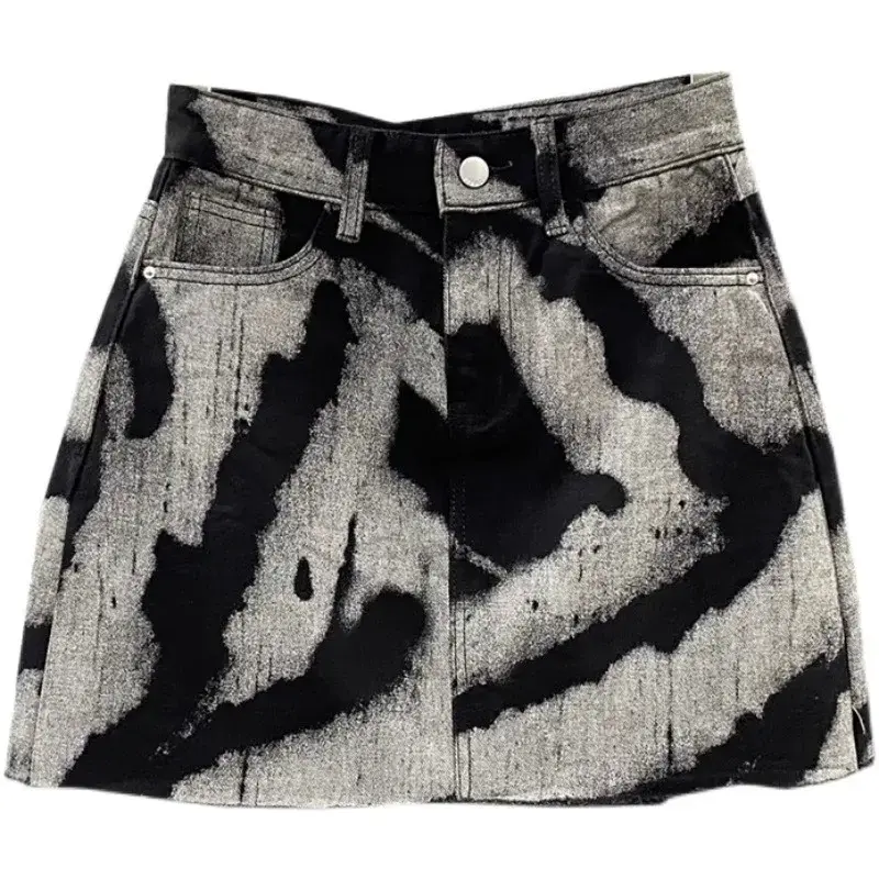 Korean Style High Waist A- Line Mini Skirt Spring Summer Slimming Patterned Denim Skirt Frayed Hemline Trendy Women's Shorts