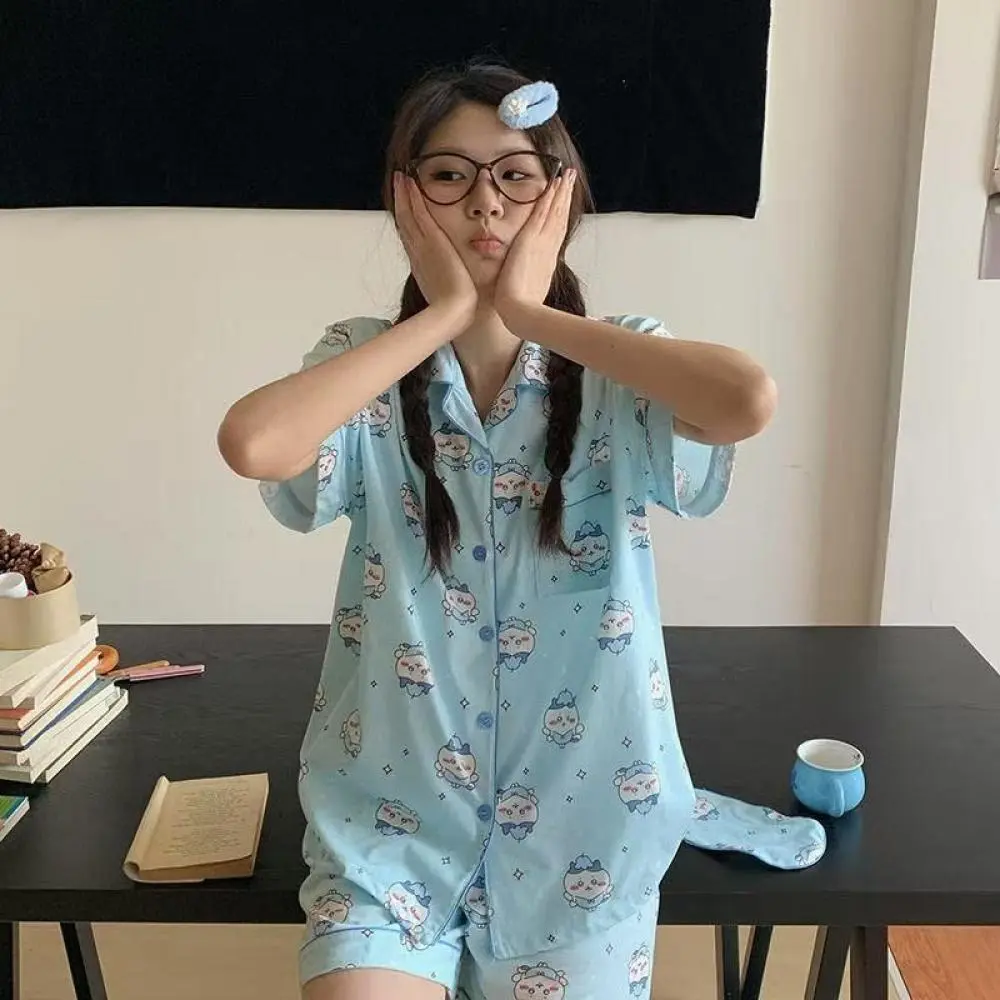 Cute Summer Pajamas Women Chiikawa Usagi Pajamas Suit Kawaii Hachiware Shorts Shorts Pants Set Cartoon Girls Home Clothes