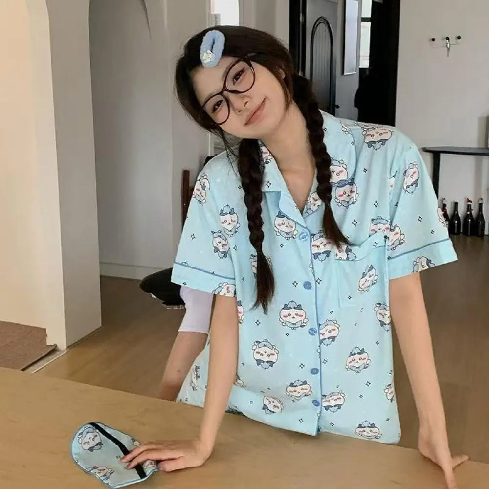 Cute Summer Pajamas Women Chiikawa Usagi Pajamas Suit Kawaii Hachiware Shorts Shorts Pants Set Cartoon Girls Home Clothes