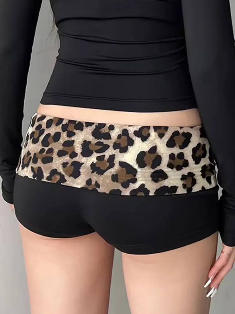 Contrast Patchwork Leopard Low Waist Slim Sexy Booty Shorts Womens Outfits