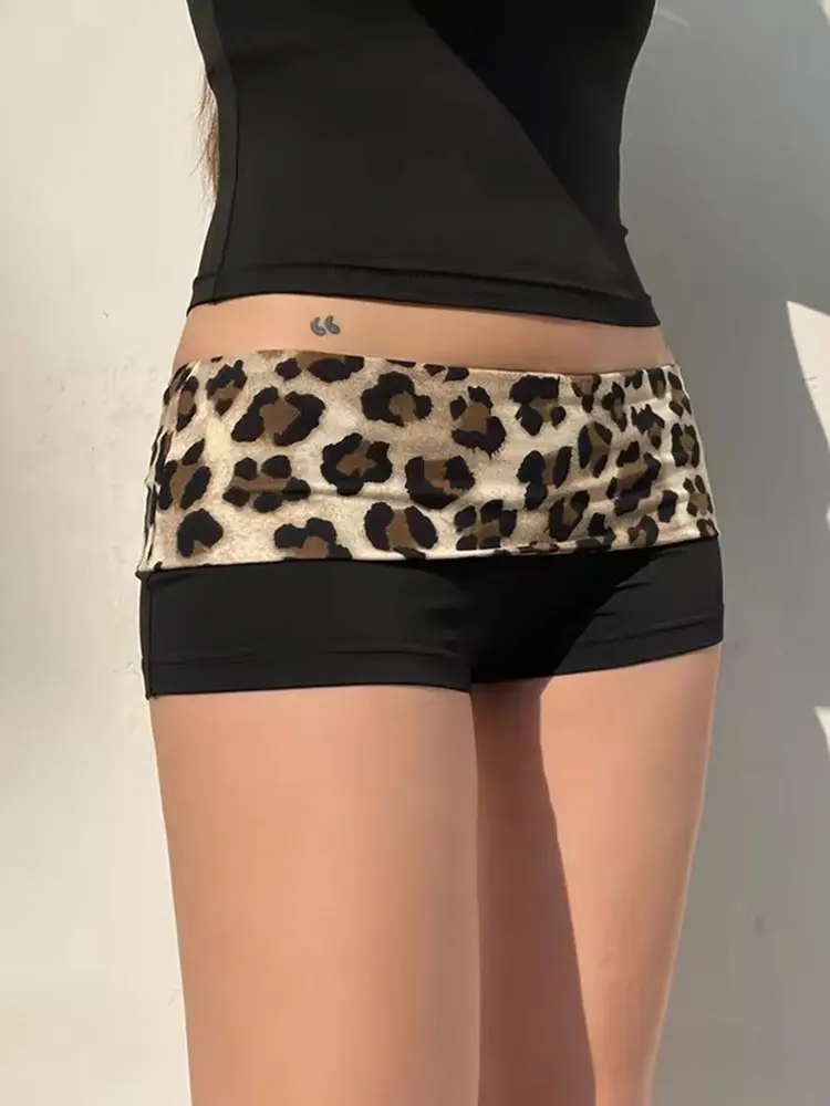 Contrast Patchwork Leopard Low Waist Slim Sexy Booty Shorts Womens Outfits