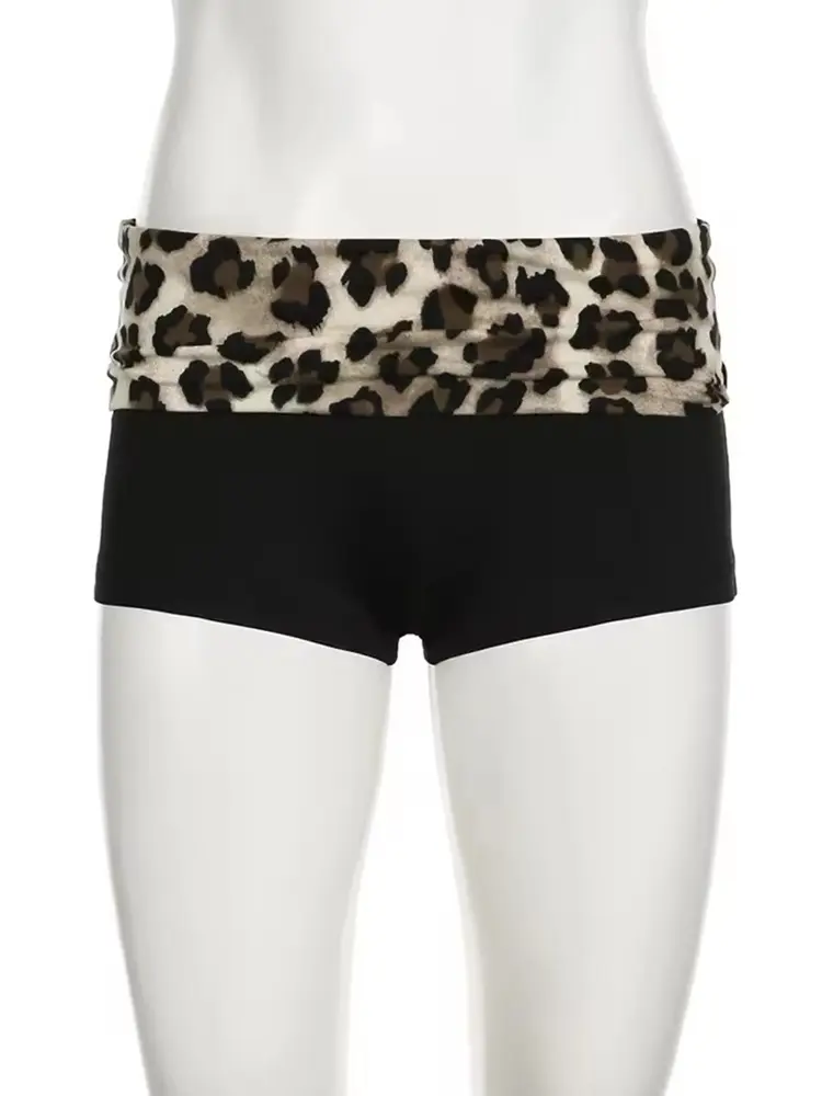 Contrast Patchwork Leopard Low Waist Slim Sexy Booty Shorts Womens Outfits