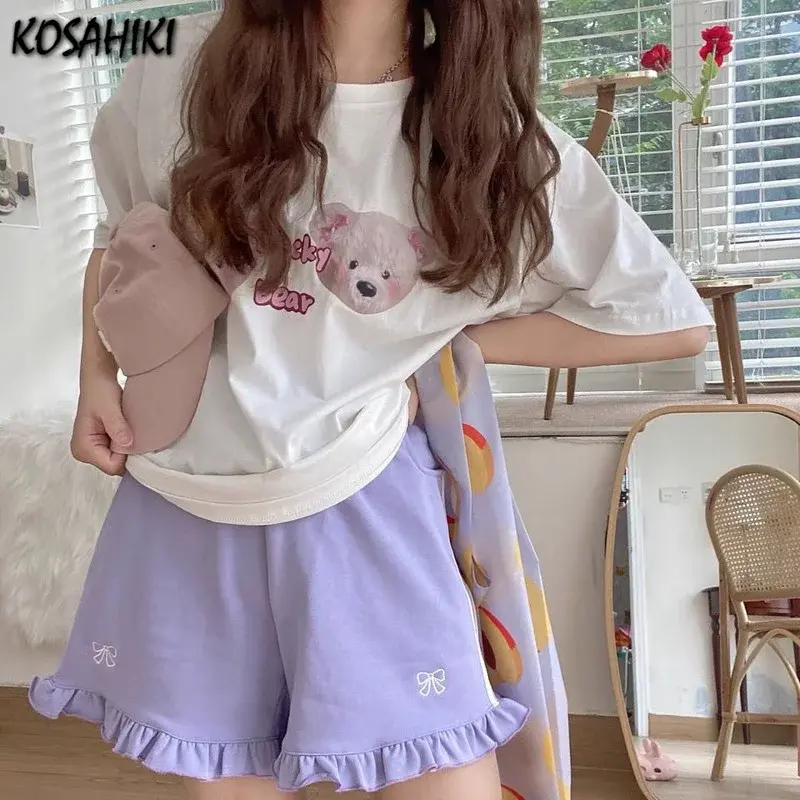 KOSAHIKI Kawaii Streetwear Bow Embroidery Elastic High Waist Wide Letg Shorts Women Summer Lolita Sweet Cute Ruffle Short Femme