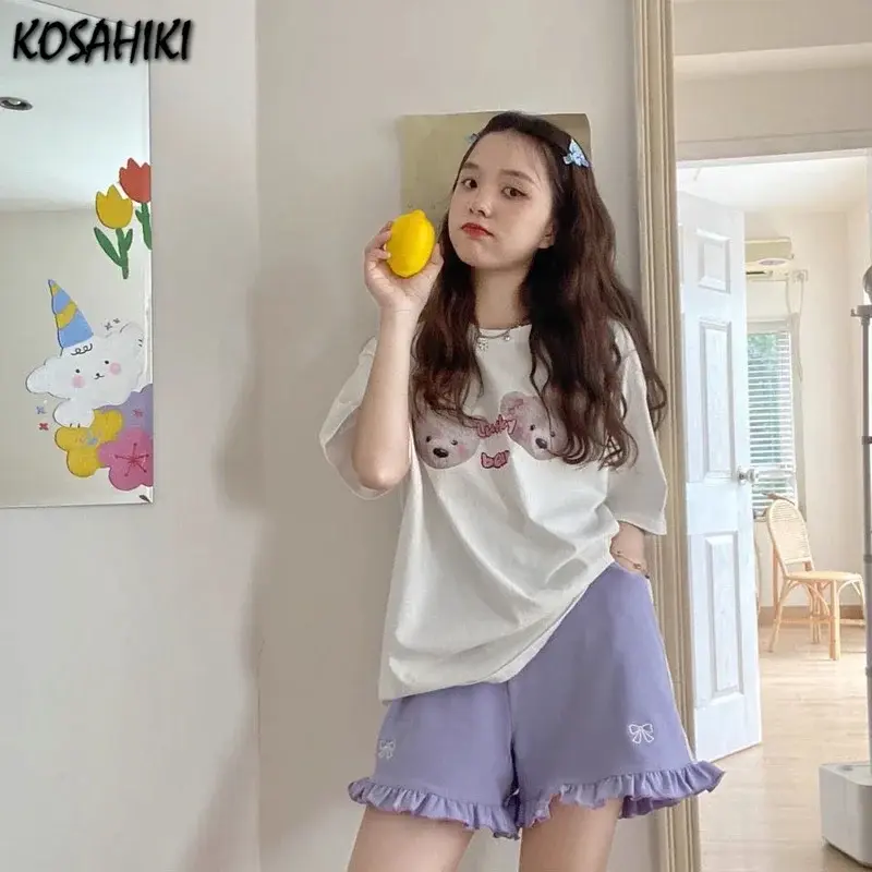 KOSAHIKI Kawaii Streetwear Bow Embroidery Elastic High Waist Wide Letg Shorts Women Summer Lolita Sweet Cute Ruffle Short Femme