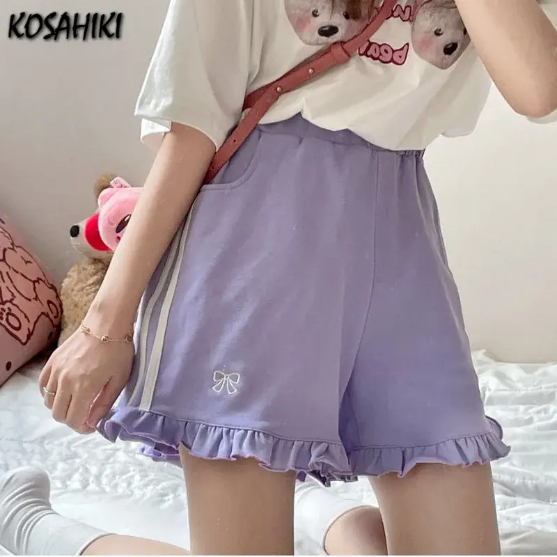 KOSAHIKI Kawaii Streetwear Bow Embroidery Elastic High Waist Wide Letg Shorts Women Summer Lolita Sweet Cute Ruffle Short Femme