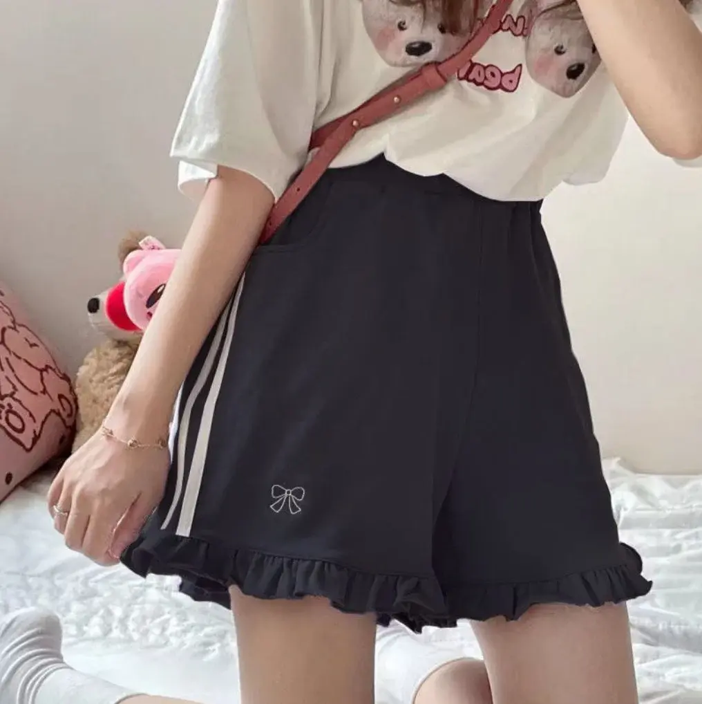 KOSAHIKI Kawaii Streetwear Bow Embroidery Elastic High Waist Wide Letg Shorts Women Summer Lolita Sweet Cute Ruffle Short Femme