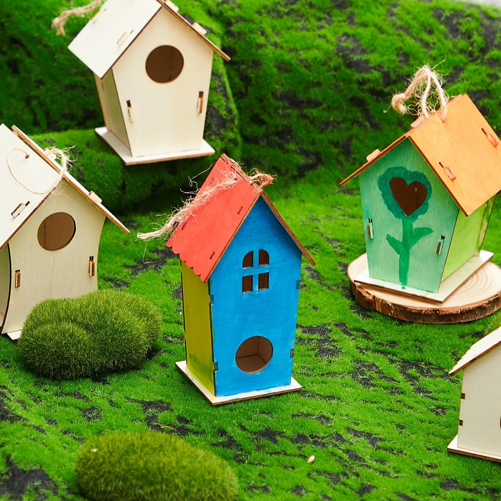 Wooden DIY Bird Nest House Outdoor Unfinished Wood Bird Houses With Hemp Rope Arts Crafts uses for Painting DIY Craft