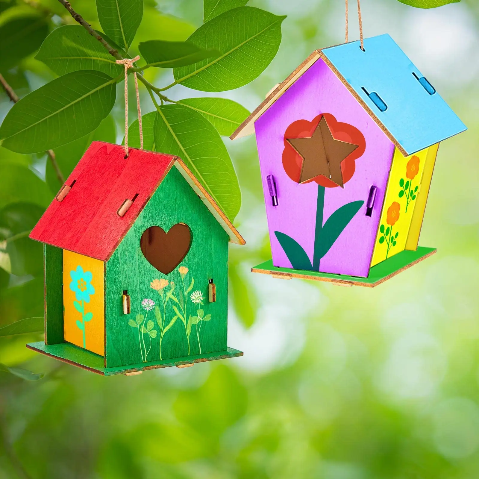 Wooden DIY Bird Nest House Outdoor Unfinished Wood Bird Houses With Hemp Rope Arts Crafts uses for Painting DIY Craft