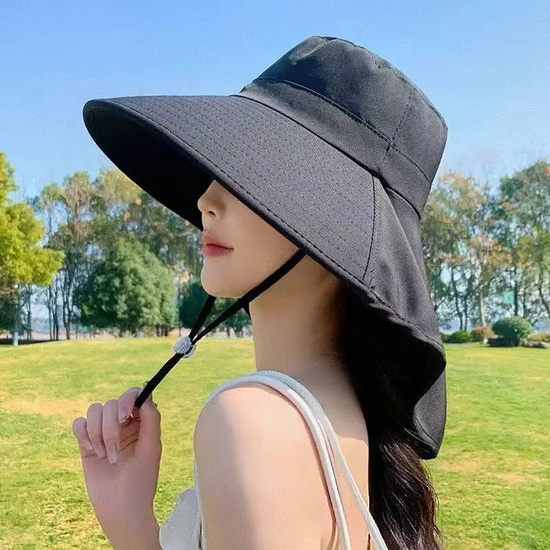 Wide Brim Sun Hat Women Anti-UV Protection Outdoor Hiking Fisherman Cap Fold Summer Beach Hat Neck Protection Sun Visors