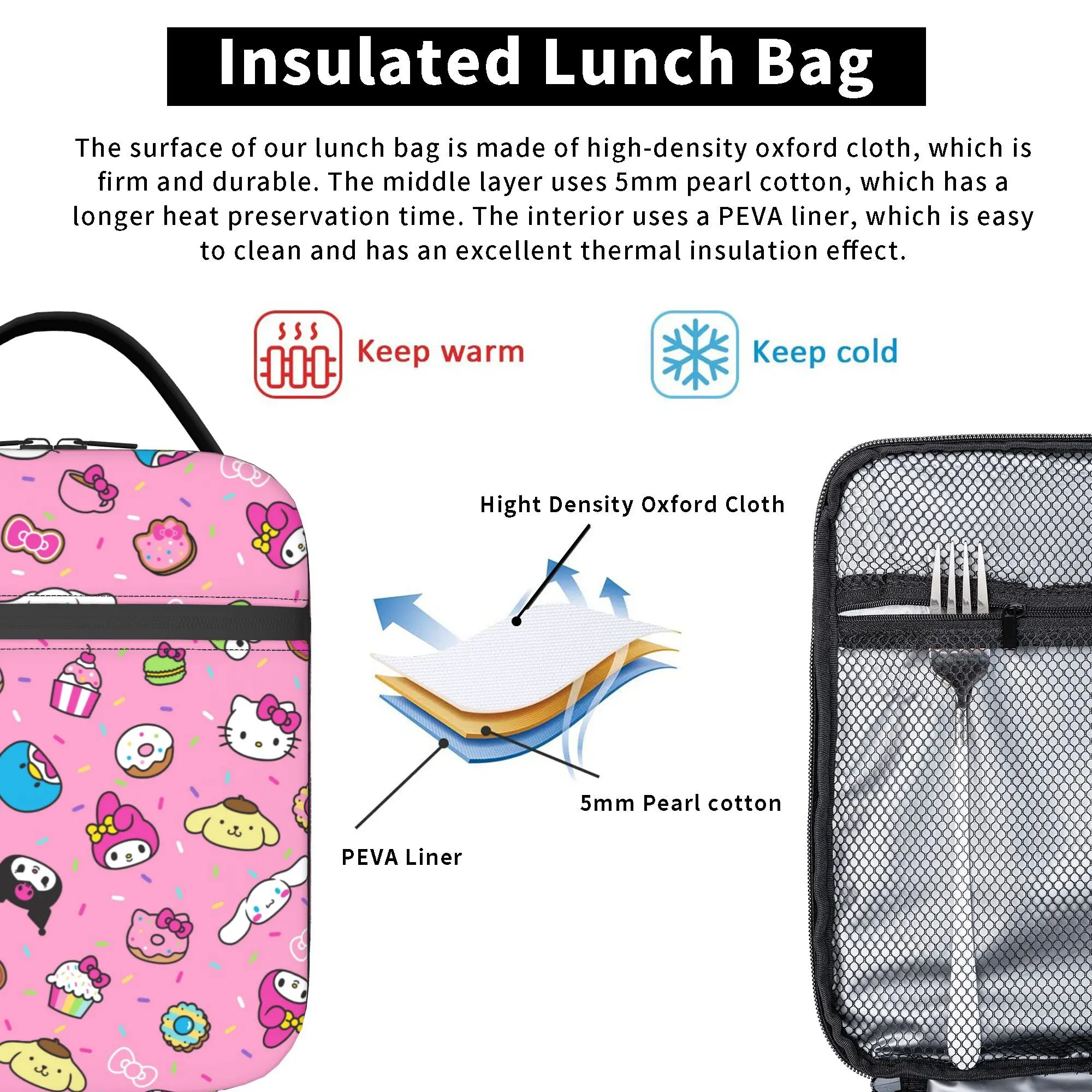 Sanrio Characters Merch Insulated Lunch Tote Bag For Office Hello Kitty Kuromi Food Box Portable Thermal Cooler Lunch Boxes