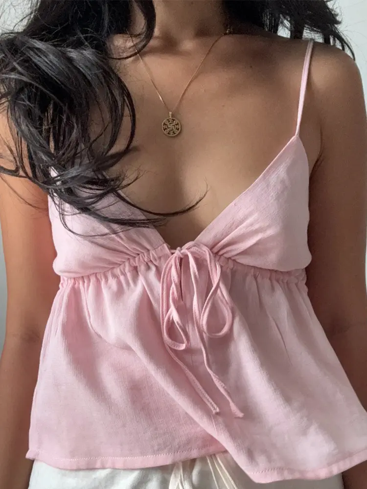 TSDFC 2025 Summer Tie Front Tops Vest Underwear Clothes Hot Camisole Crop Tops Outfits Sweet Y2K Sexy Backless V Neck Camis