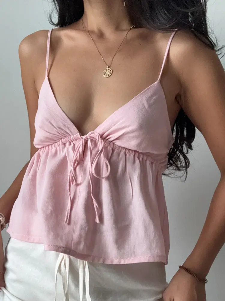 TSDFC 2025 Summer Tie Front Tops Vest Underwear Clothes Hot Camisole Crop Tops Outfits Sweet Y2K Sexy Backless V Neck Camis