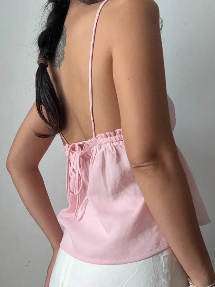 TSDFC 2025 Summer Tie Front Tops Vest Underwear Clothes Hot Camisole Crop Tops Outfits Sweet Y2K Sexy Backless V Neck Camis