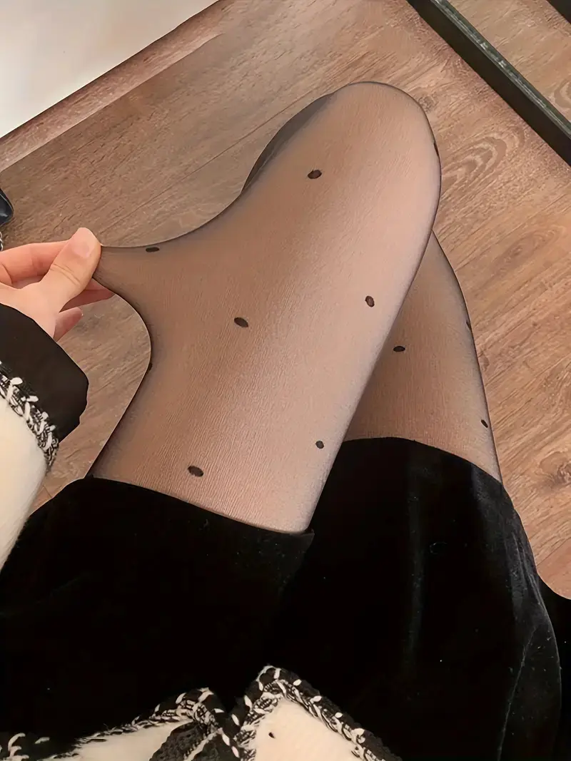 1 pair of elegant and transparent polka dot printed warm tights for women, soft and comfortable stretchy leggings for autumn, hi