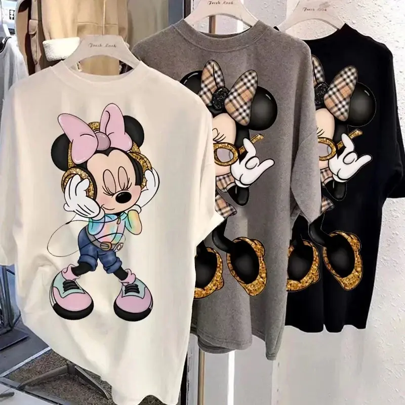 Fashion Disney Kawaii Women T-shirts New 90s Vintage Cartoon Mickey Minnie Top Y2K Female Ulzzang Oversized Cotton T-shirt