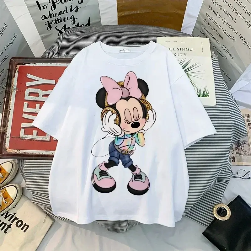 Fashion Disney Kawaii Women T-shirts New 90s Vintage Cartoon Mickey Minnie Top Y2K Female Ulzzang Oversized Cotton T-shirt