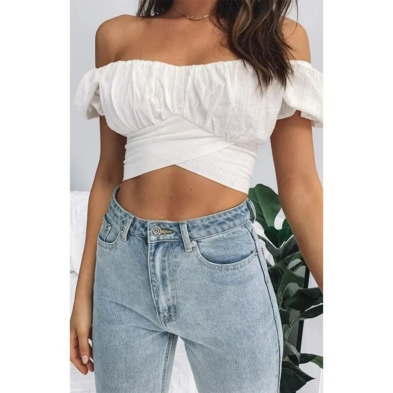 Sexy one line collar lantern short sleeved pleated women's top T-shirt summer pullover strapless fashion sweet top Y2K clothing