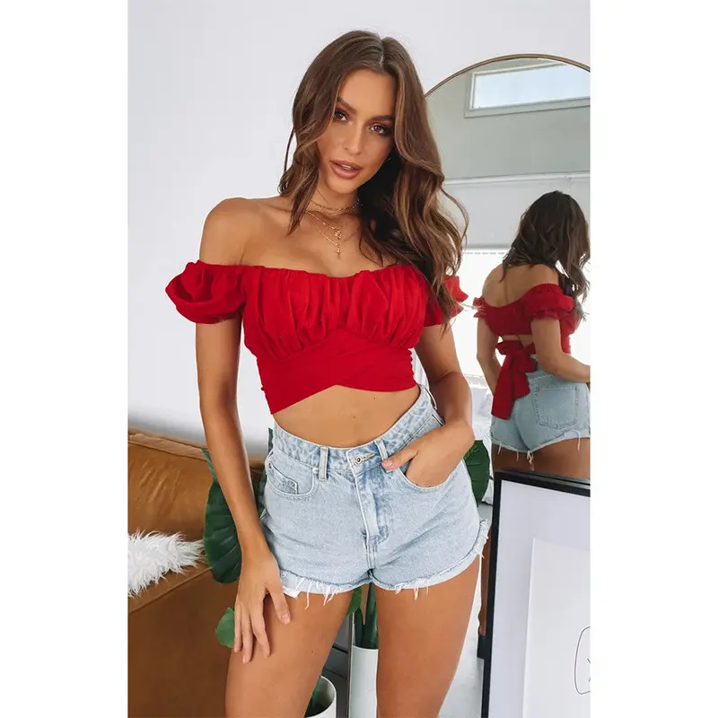 Sexy one line collar lantern short sleeved pleated women's top T-shirt summer pullover strapless fashion sweet top Y2K clothing