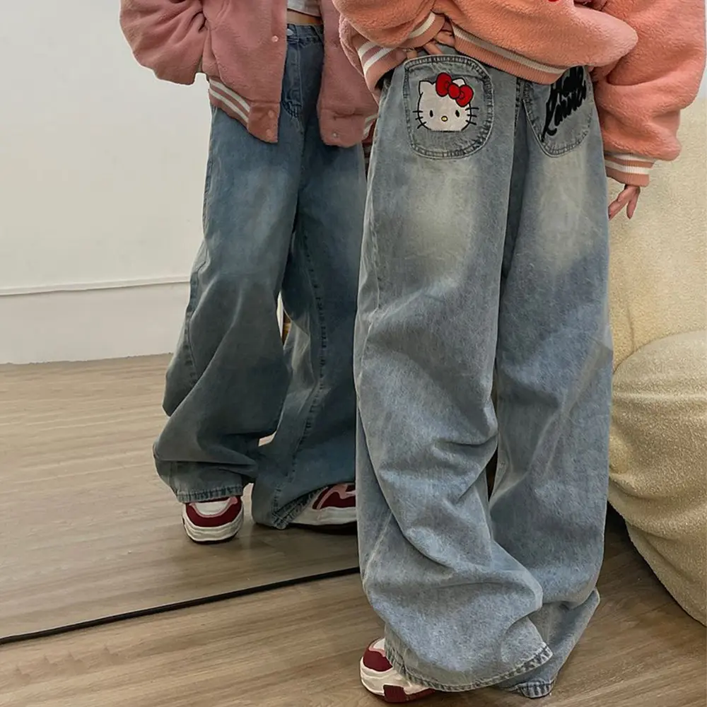 Y2K Hello Kitty Girls Jeans Cotton Wide Leg Pants Sanrioed Cartoon Kt Women Straight Leg Trousers Cute Retro High Waisted Jeans