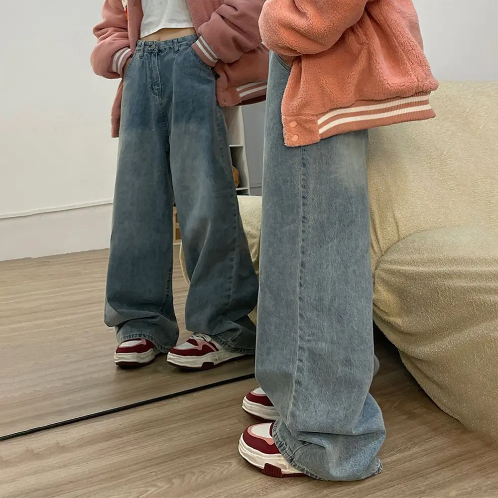 Y2K Hello Kitty Girls Jeans Cotton Wide Leg Pants Sanrioed Cartoon Kt Women Straight Leg Trousers Cute Retro High Waisted Jeans