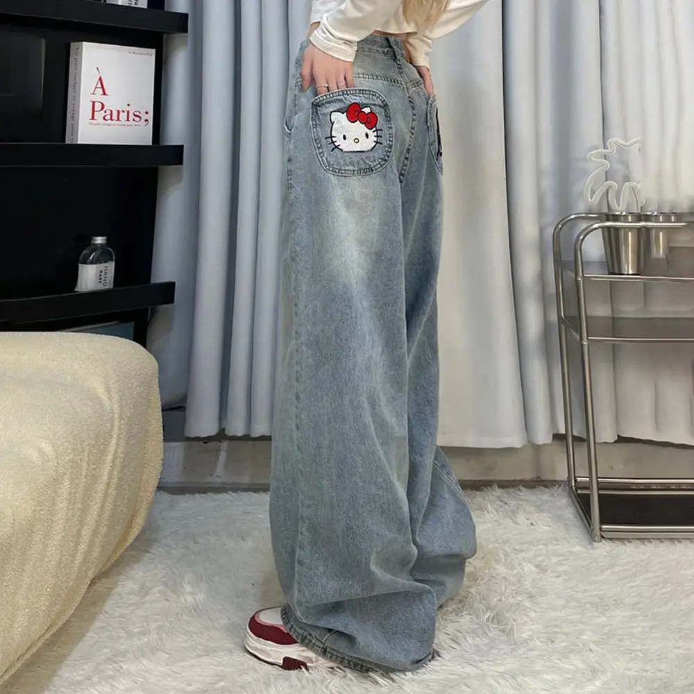 Y2K Hello Kitty Girls Jeans Cotton Wide Leg Pants Sanrioed Cartoon Kt Women Straight Leg Trousers Cute Retro High Waisted Jeans