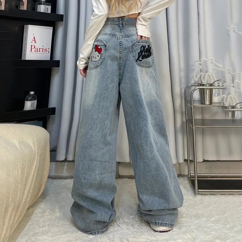 Y2K Hello Kitty Girls Jeans Cotton Wide Leg Pants Sanrioed Cartoon Kt Women Straight Leg Trousers Cute Retro High Waisted Jeans