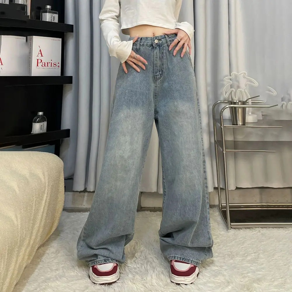Y2K Hello Kitty Girls Jeans Cotton Wide Leg Pants Sanrioed Cartoon Kt Women Straight Leg Trousers Cute Retro High Waisted Jeans