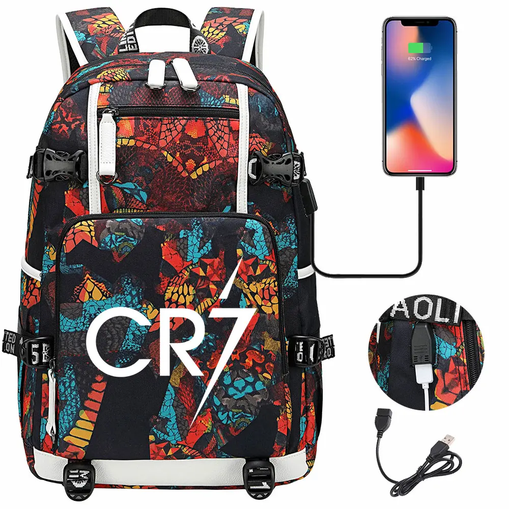 Football Star Cr7 USB Large Capacity Teenagers Mochila Women Men Laptop Travel Backpack Girl Boys Kids Back To School Book Bags