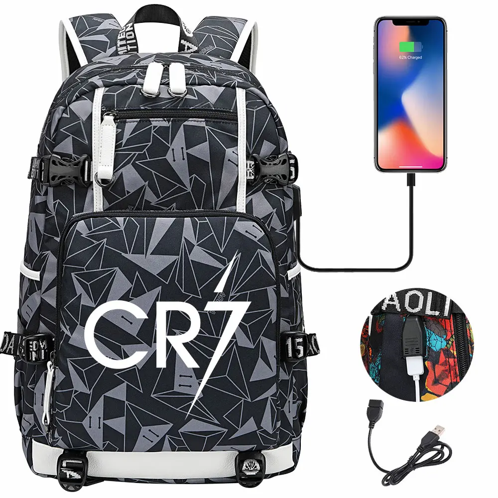 Football Star Cr7 USB Large Capacity Teenagers Mochila Women Men Laptop Travel Backpack Girl Boys Kids Back To School Book Bags