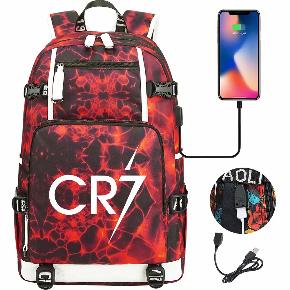 Football Star Cr7 USB Large Capacity Teenagers Mochila Women Men Laptop Travel Backpack Girl Boys Kids Back To School Book Bags