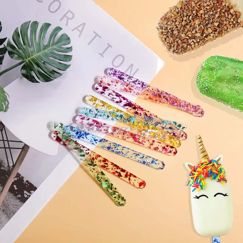20Pcs Acrylic Ice Cream Sequined Stick Summer New Homemade Popsicle Accessories Reusable Color Mold DIY Kitchen Model Stick