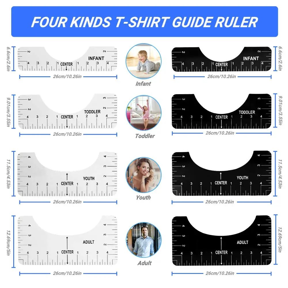 4pcs T-Shirt Ruler Guide Shirt Alignment Tool T-Shirt Alignment Ruler with Clothing Size Chart for Adult Youth Toddler Infant