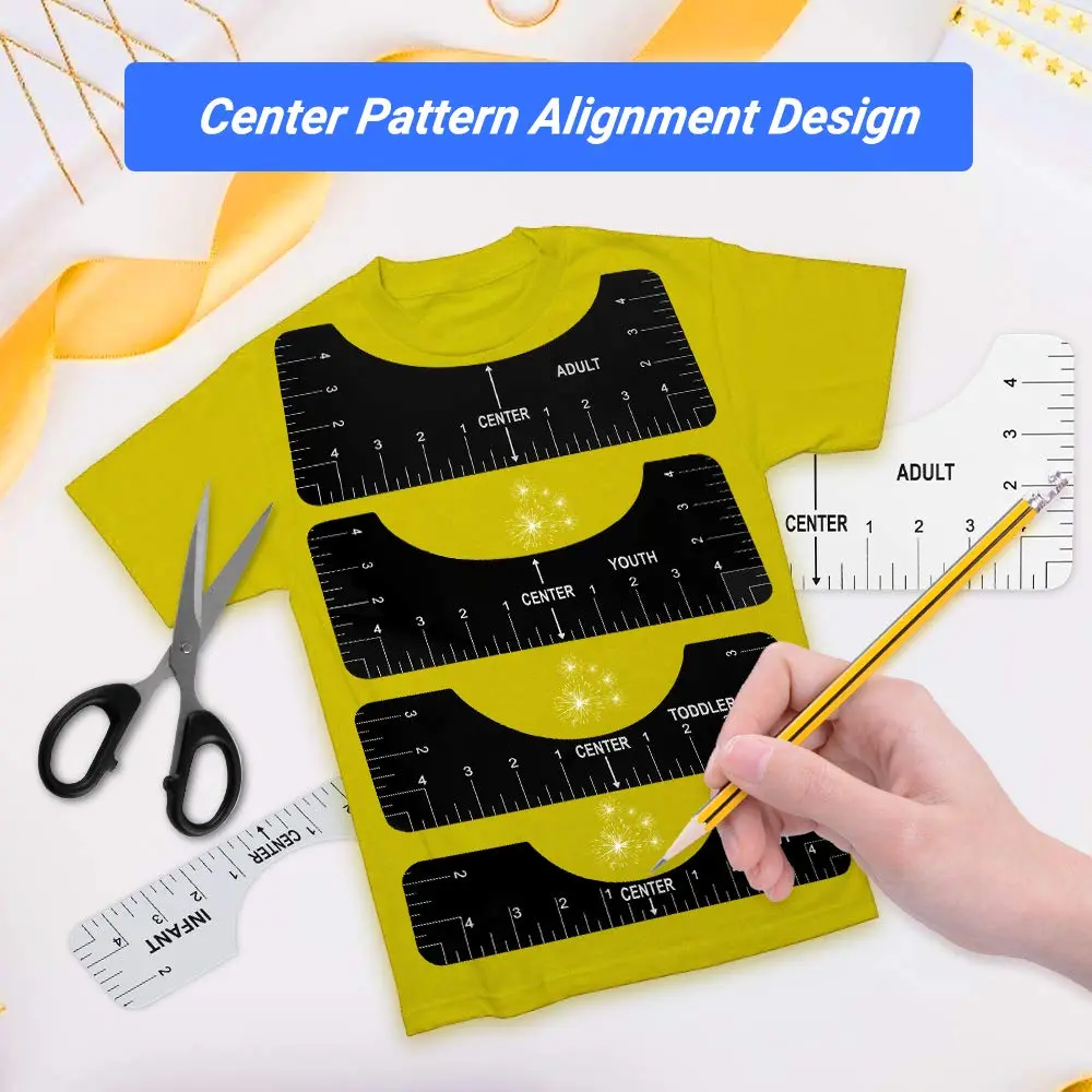 4pcs T-Shirt Ruler Guide Shirt Alignment Tool T-Shirt Alignment Ruler with Clothing Size Chart for Adult Youth Toddler Infant