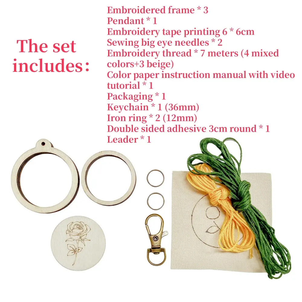 1set Wooden Mini Embroidery Keychain Material Package DIY Cross Stitch Frame Crafts Embroidery Circle Sewing Kit
