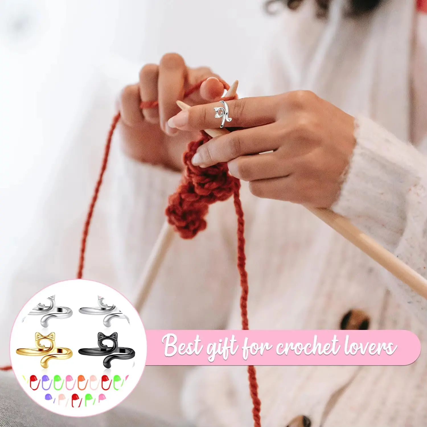1Pc Adjustable Size Yarn Ring Cat Ears Crochet Ring Beginner Knitting Crocheting Loop Guide Finger Holders Thimbles Winder Tools