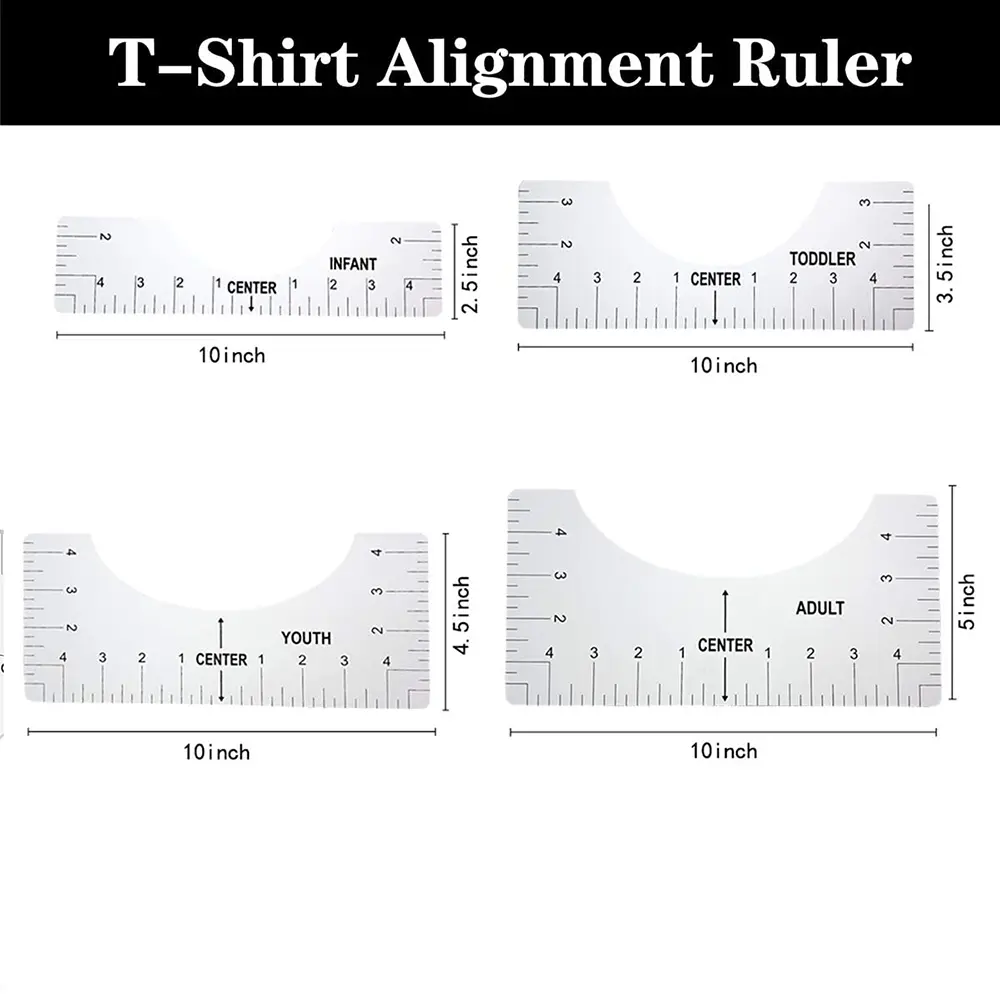 4pcs T-Shirt Ruler Guide Shirt Alignment Tool T-Shirt Alignment Ruler with Clothing Size Chart for Adult Youth Toddler Infant