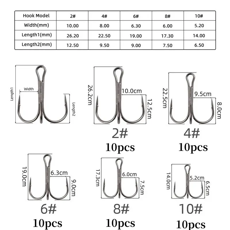50Pcs/box Treble Fishing Hook Fishing Hook High Carbon Steel Treble Overturned Hooks Fishing Tackle Round Bend Treble
