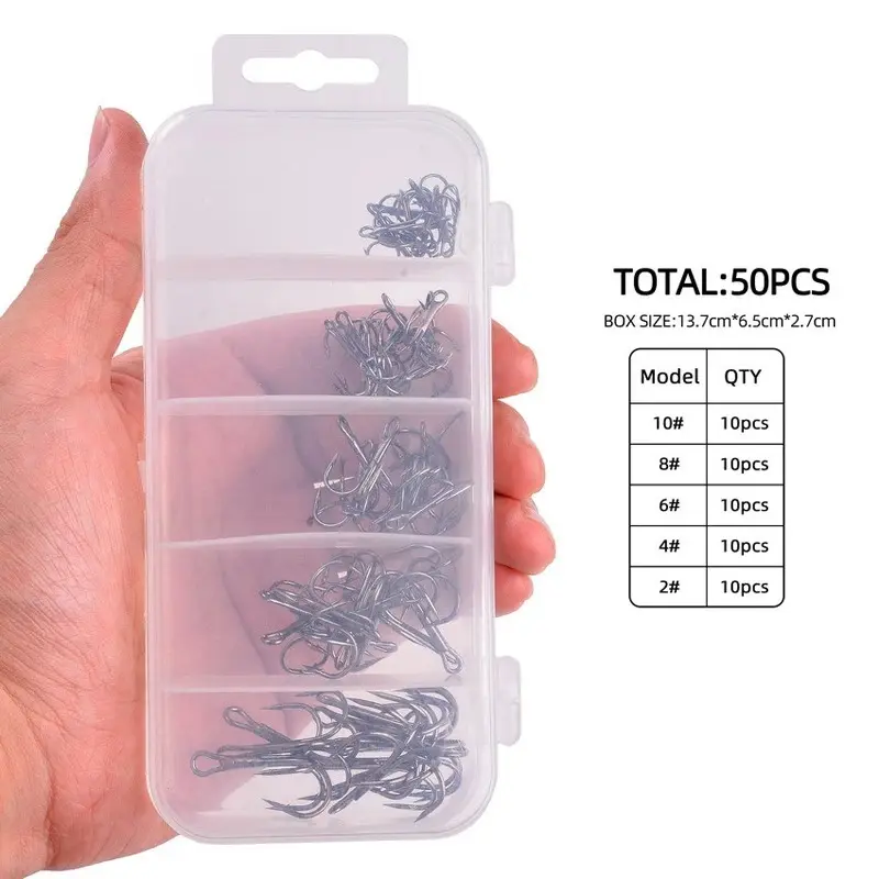 50Pcs/box Treble Fishing Hook Fishing Hook High Carbon Steel Treble Overturned Hooks Fishing Tackle Round Bend Treble