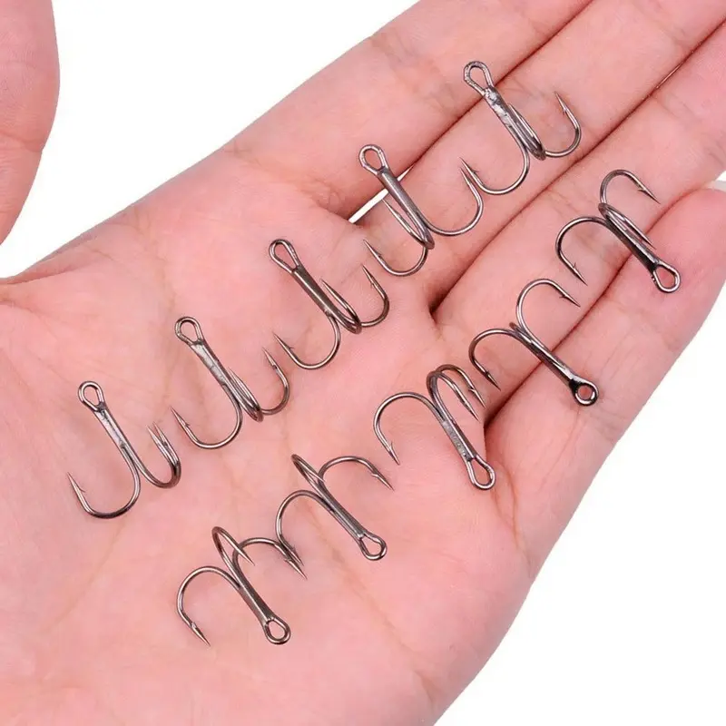 50Pcs/box Treble Fishing Hook Fishing Hook High Carbon Steel Treble Overturned Hooks Fishing Tackle Round Bend Treble