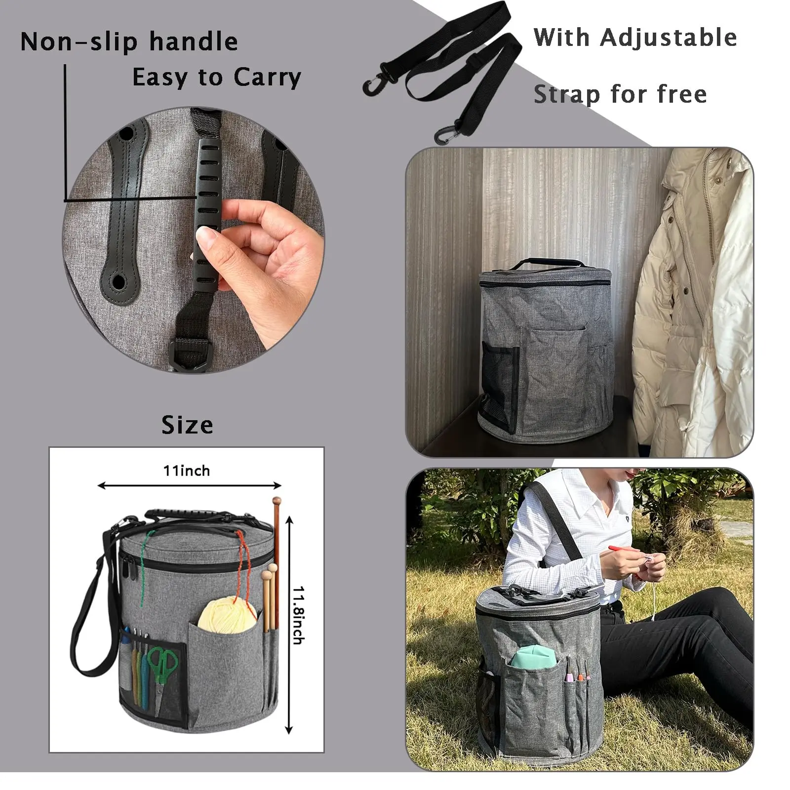 Knitting Tool Storage Bag Yarn Crochet Organizer Portable Tote Bag Large Capacity with Front Yarn Needles Hooks Pocket