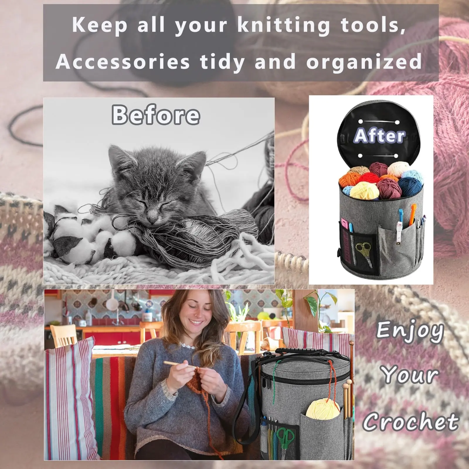 Knitting Tool Storage Bag Yarn Crochet Organizer Portable Tote Bag Large Capacity with Front Yarn Needles Hooks Pocket