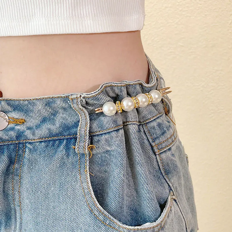Women Waist Needle Jeans Skirt Waist Big Change Small Anti-running Pin Pearl Rhinestones Lapel Pins Clothes Accessories