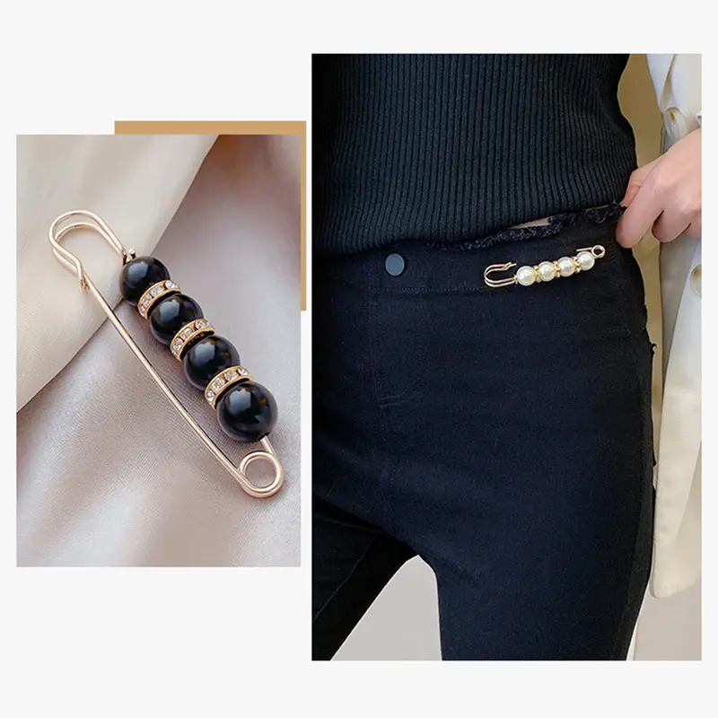 Women Waist Needle Jeans Skirt Waist Big Change Small Anti-running Pin Pearl Rhinestones Lapel Pins Clothes Accessories