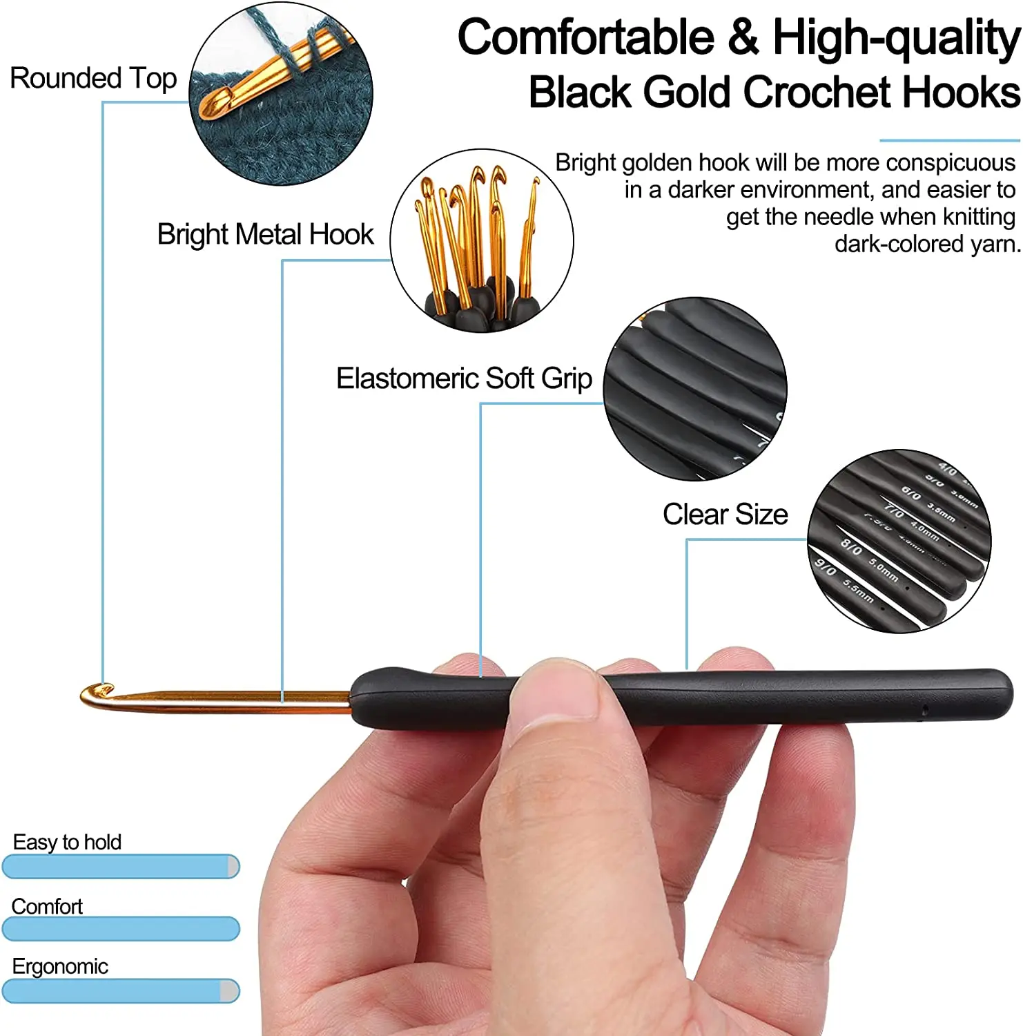 9Pcs Black Crochet Hooks Needles for Arthritic Hands 2.0-6.0mm Crochet Hook Set Ergonomic Soft Grips Knitting Hook for Knitter