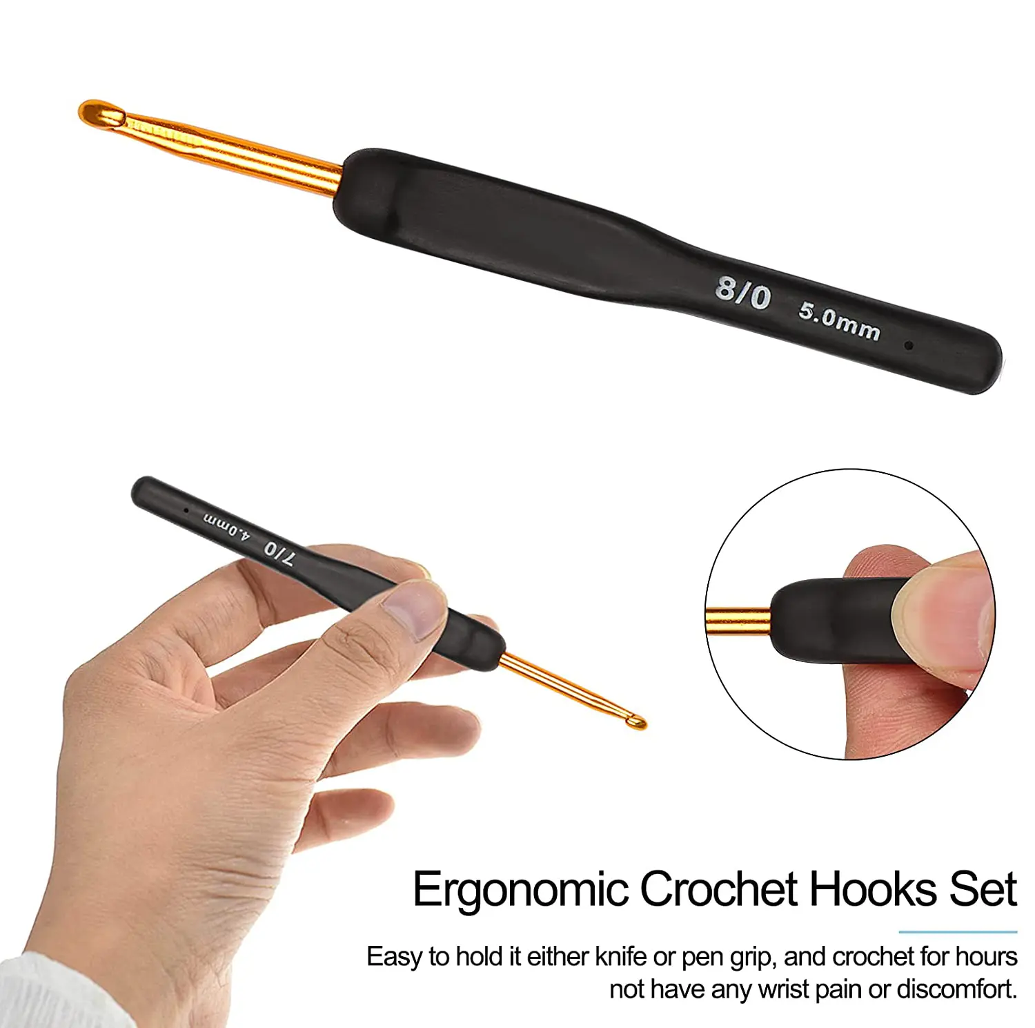9Pcs Black Crochet Hooks Needles for Arthritic Hands 2.0-6.0mm Crochet Hook Set Ergonomic Soft Grips Knitting Hook for Knitter
