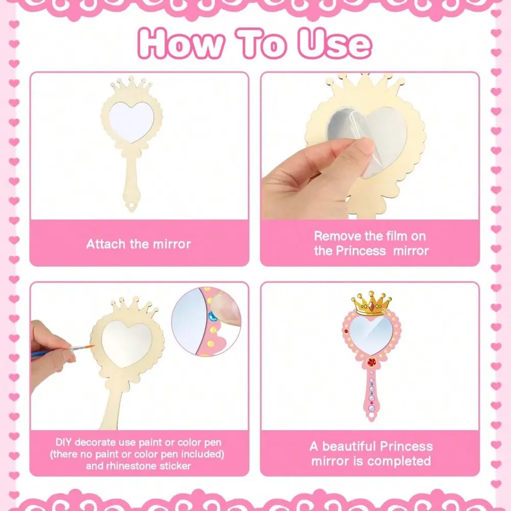 12pcs Wooden Mirror Craft Kids Decorate Mirrors Girls DIY Paint Wooden Hand Mirror for Mother's Day Art Activities Birthday Gift