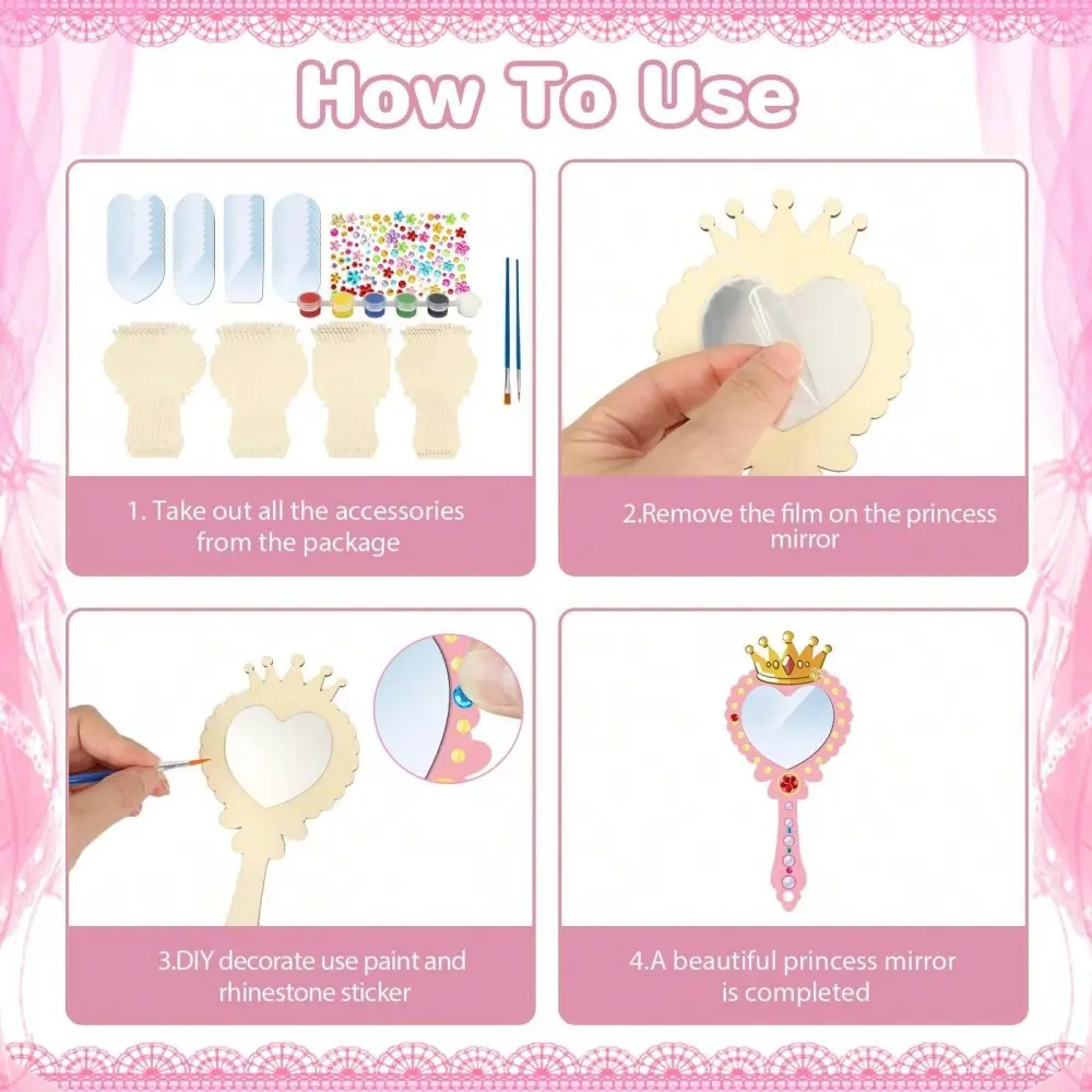 12pcs Wooden Mirror Craft Kids Decorate Mirrors Girls DIY Paint Wooden Hand Mirror for Mother's Day Art Activities Birthday Gift
