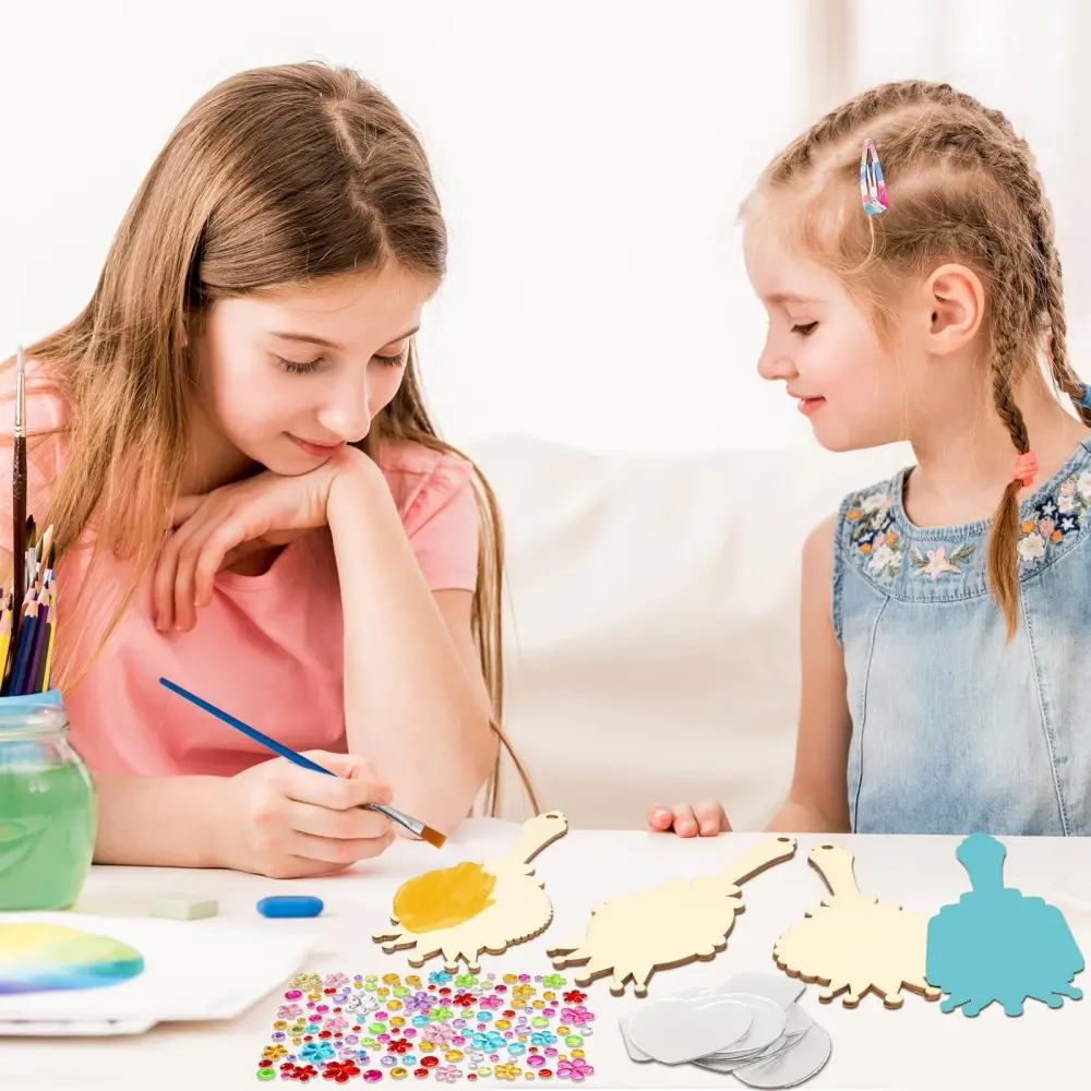 12pcs Wooden Mirror Craft Kids Decorate Mirrors Girls DIY Paint Wooden Hand Mirror for Mother's Day Art Activities Birthday Gift
