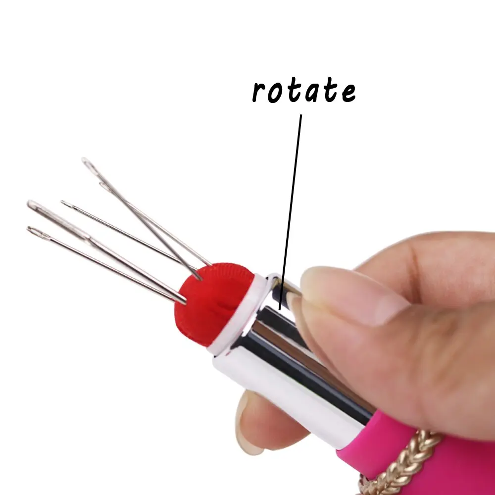 1Pc Lipstick Pin Cushion With 5 Sewing Needles Retractable Holder Pincushions Pincushion Rotatable Needle Holder Sewing Tool