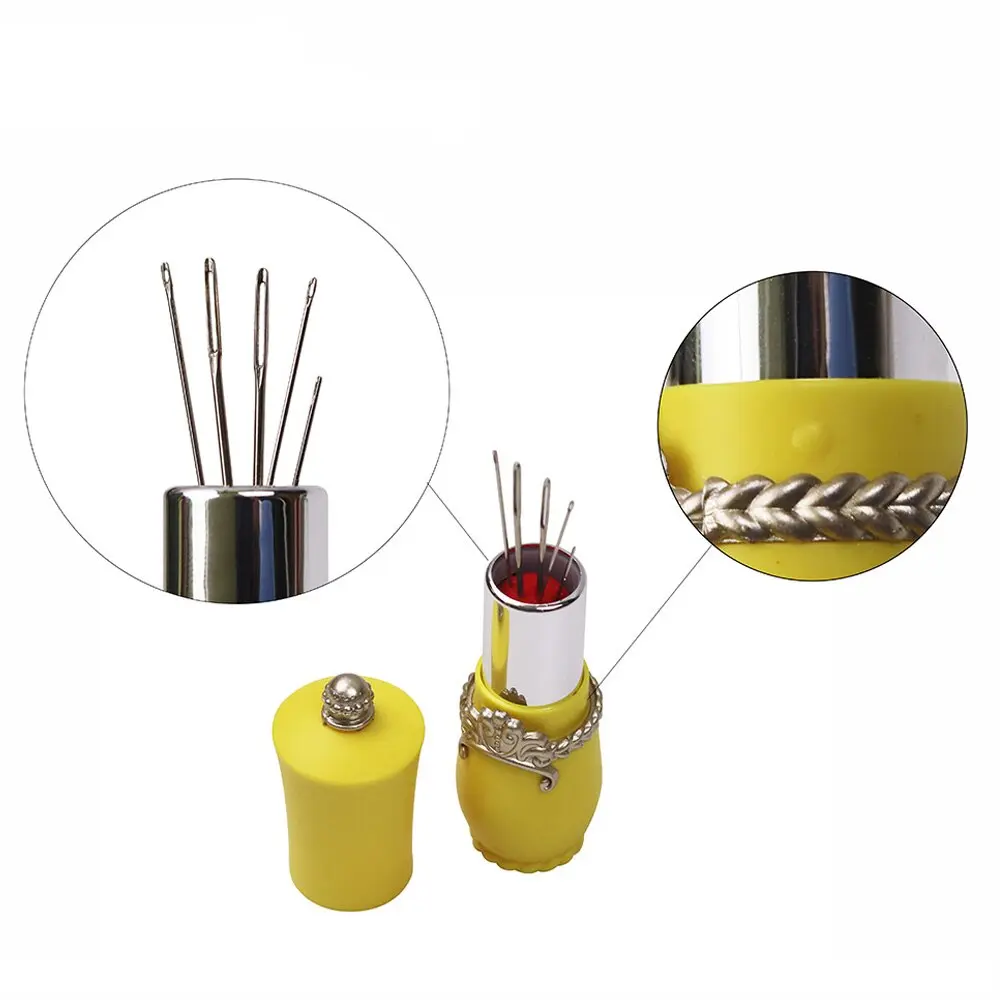 1Pc Lipstick Pin Cushion With 5 Sewing Needles Retractable Holder Pincushions Pincushion Rotatable Needle Holder Sewing Tool